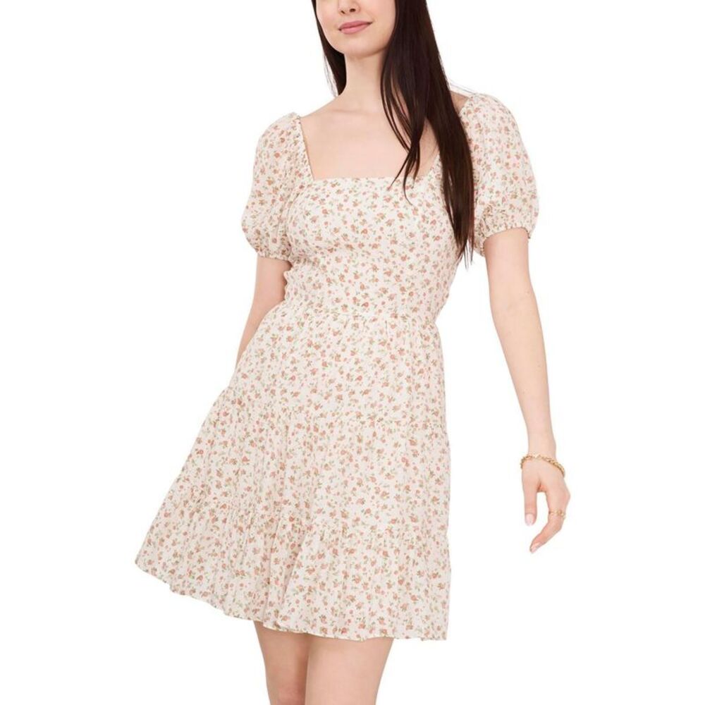 1State Cream Floral Square-Neck Puff Sleeve Dress